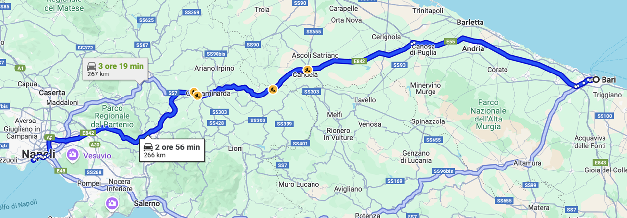 Mappa percorso alta velocità Napoli-Bari